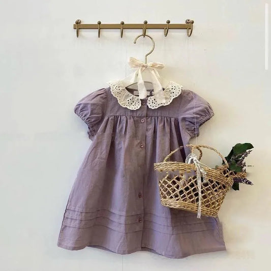 2024 Summer Kids Dress Embroidered hollow lace collar party princess dress Baby Girl short sleeve dress Girls clothing