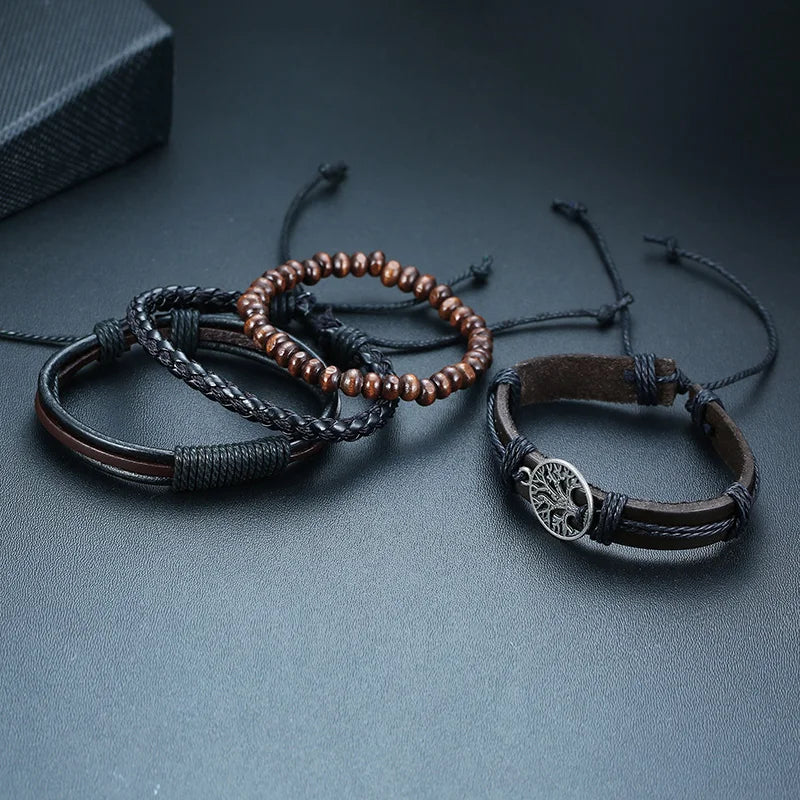 Vnox 4Pcs/ Set Tree of Life Men Bracelets, Black Layer Leather Wristband
