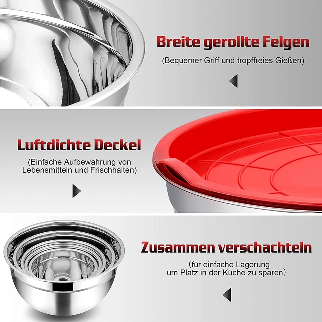 5 Pieces Mixing Bowl, Stainless Steel Salad Bowl Stackable Serving Bowl with Airtight Lids