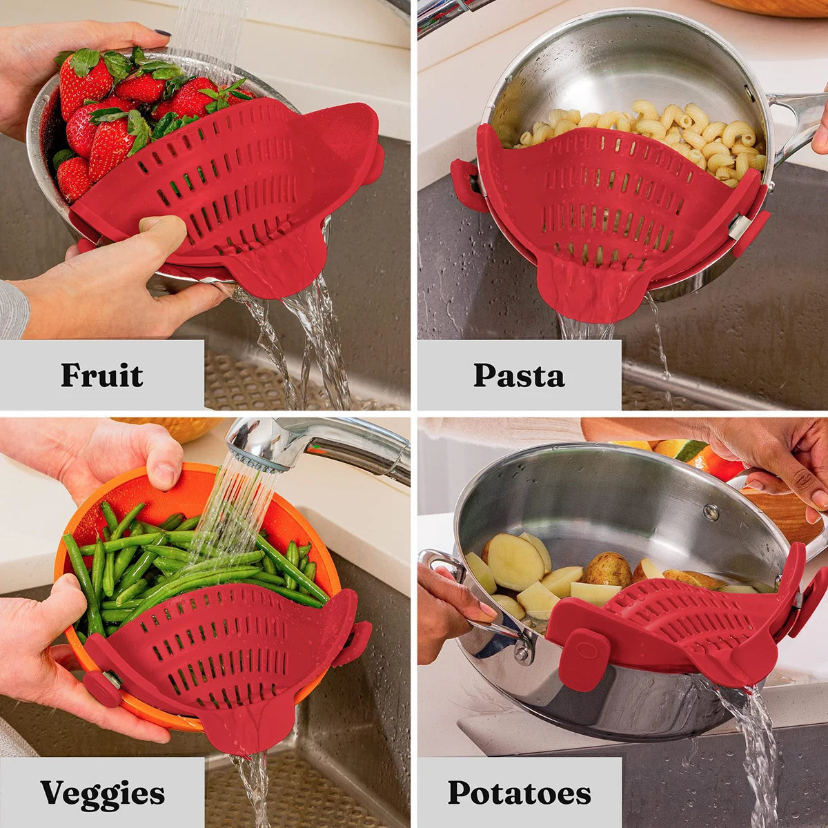 Silicone Kitchen Gadgets Strainer Clip Pan Drain Rack Bowl Funnel Rice Pasta Vegetable Washing Colander Draining Excess Liquid