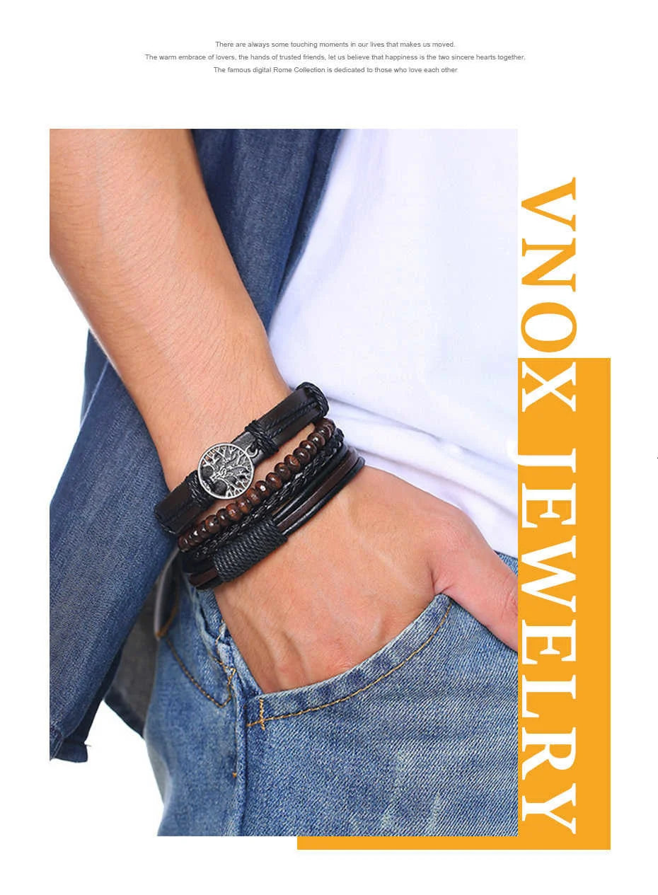 Vnox 4Pcs/ Set Tree of Life Men Bracelets, Black Layer Leather Wristband