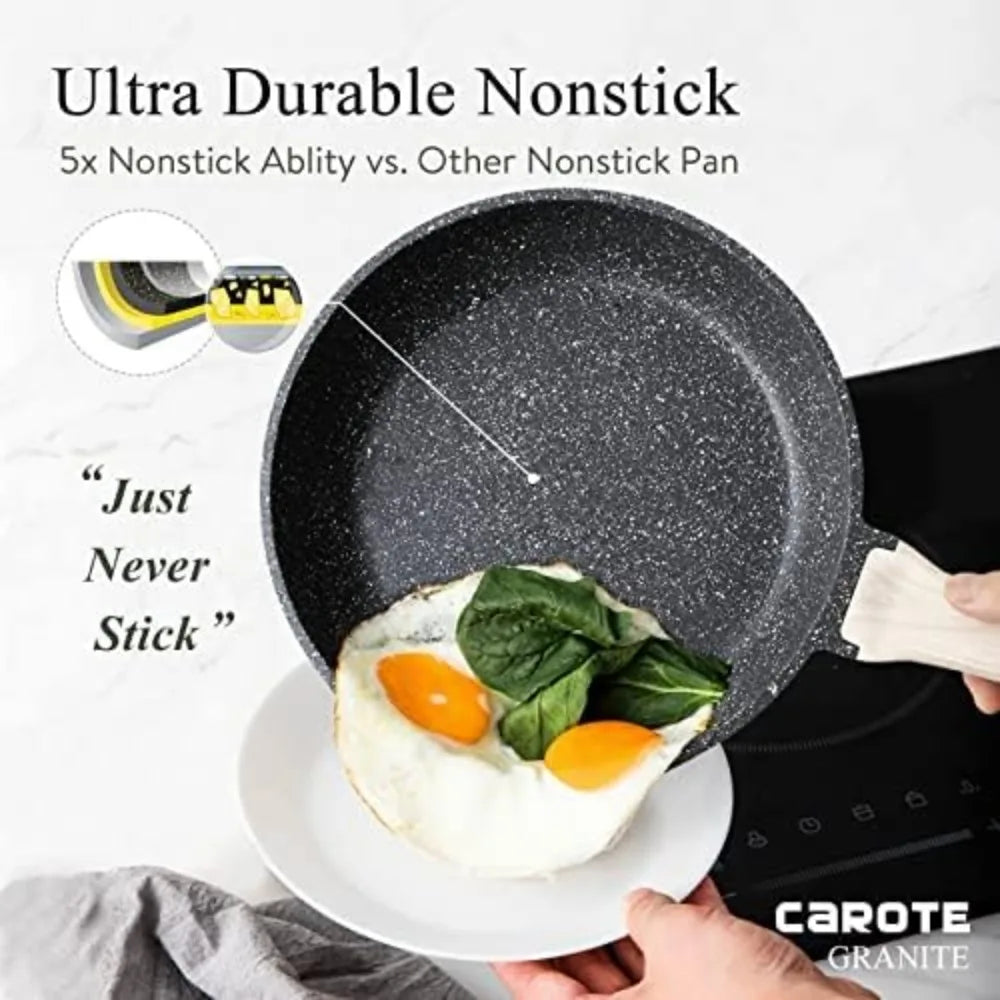 Carote Nonstick Granite Cookware Sets 10 Pcs Stone ,non stick frying pan set, pots pans set (Granite, induction cookware)