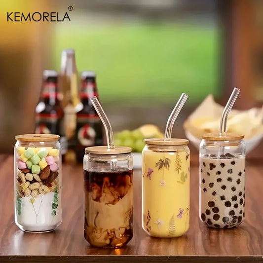18.6OZ Glass Cup With Lid and Straw Transparent Bubble Tea Cup  Glass Beer Can Milk Mocha Cups1/2/4 Set Breakfast Mug Drinkware